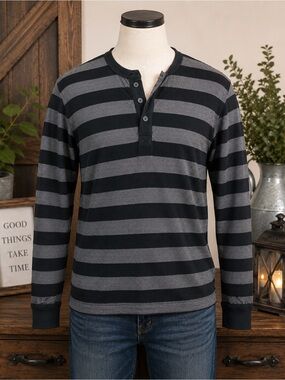 Merona Gray Black Striped Thermal Henley Shirt Men's Large Long Sleeve Waffle